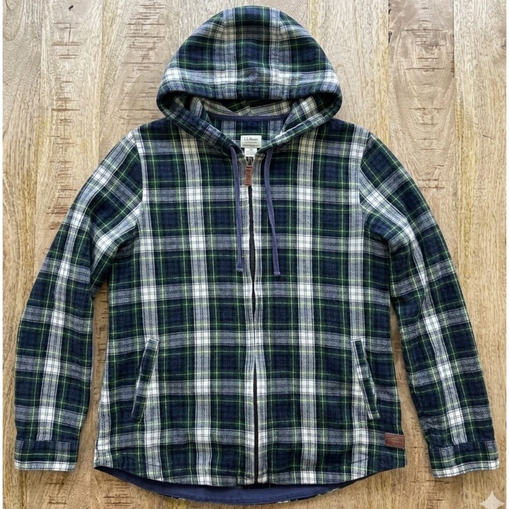 L.L.Bean Flannel Hoodie Womens Small‎ Green Plaid Zip Up Relaxed Fit Gorpcore